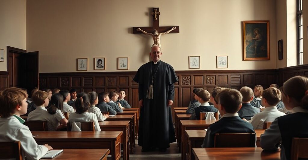 Klasyczna, poważna scena katechetyczna z kapłanem i dziećmi, symbolizująca opór wobec nowoczesnej edukacji promującej błędy modernistyczne