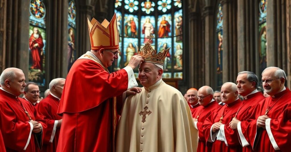 Obraz przedstawiający tradycyjną koronację papieską z biskupem w pełnym ornaty liturgicznej umieszczającym tiary na głowie nowo wybranego papieża otoczonego przez kardynałów w szkarłatnych szatach. Scena rozgrywa się w wielkim historycznym kościele z witrażami przedstawiającymi sceny z życia Chrystusa.