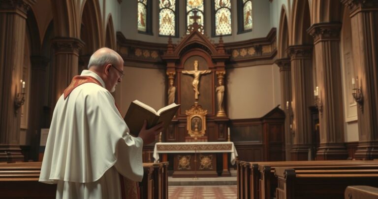 Fotografia realistycznego, sakralnego wnętrza kościoła katolickiego z kapłanem w liturgicznych szatach podczas czytania Pisma Świętego przed ołtarzem, ukazująca głęboką pobożność i tradycyjną liturgię.