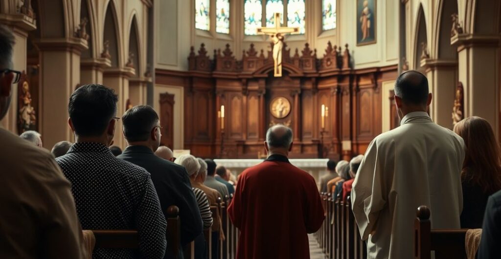Rewerentny obraz katolickiej liturgii w tradycyjnej świątyni, ukazujący wiernych i kapłana w modlitewnym skupieniu