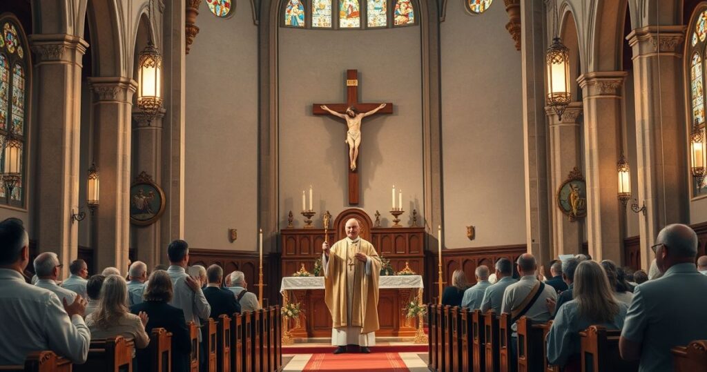 Scena kościelna z duchownym i wiernymi podczas liturgii w tradycyjnym stylu katolickim, pełna szacunku i pobożności, z witrażami i świecami, oddająca atmosferę autentycznego katolickiego nabożeństwa.
