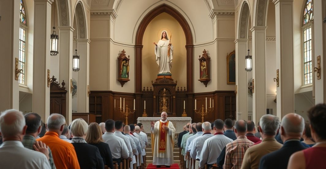 Tradycyjna scena katolicka w kościele podczas mszy z Matką Bożą Reverent church scene z kaplicą Matki Boskiej i wiernymi podczas mszy, podkreślająca autentyczną katolicką pobożność i krytykę modernistycznych odchyleń.