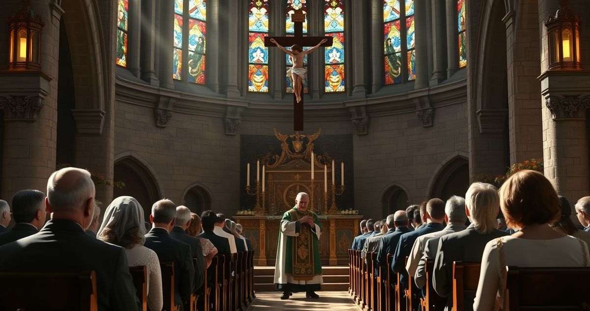 Rewerentny obraz katolickiej mszy w tradycyjnym kościele z kapłanem i wiernymi, ukazujący powagę i duchową głębię liturgii