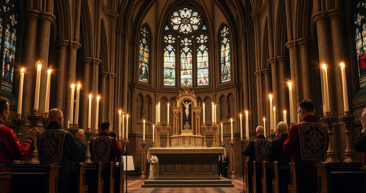 Tradycyjna scena kościelna z ołtarzem i kapłanami w tradycyjnej liturgii Scena kościelna z ołtarzem, krucyfiksem i kapłanami w tradycyjnych szatach, ukazująca powagę i wierność nauce katolickiej, odwołując się do autentycznej świętości i Tradycji.