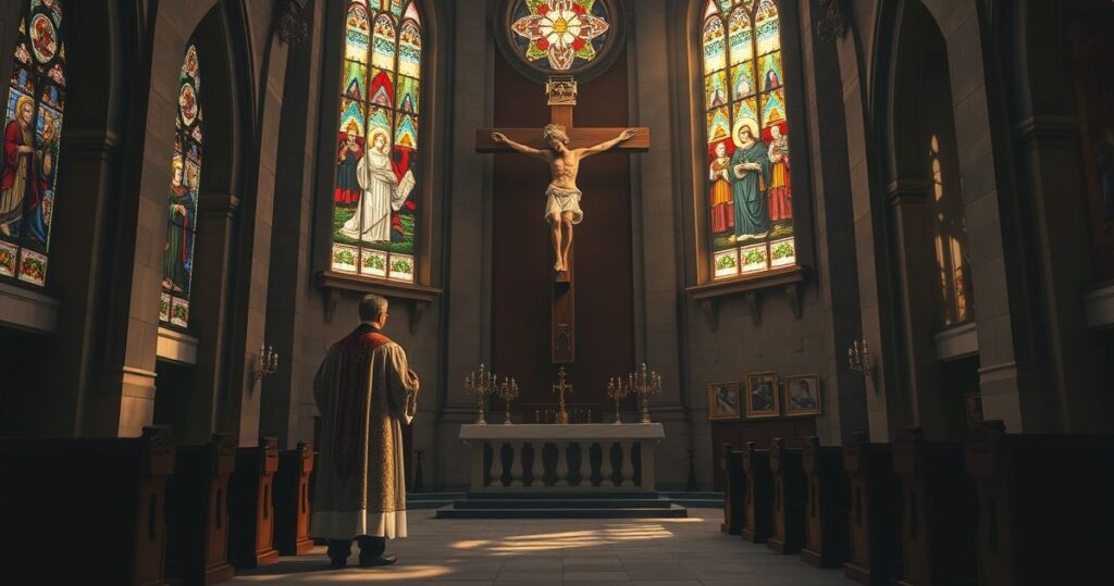 Szczegółowe ujęcie tradycyjnej katolickiej świątyni z kapłanem i krucyfiksem, odzwierciedlające wiarę i nauki Kościoła katolickiego, podkreślające powagę i duchową głębię