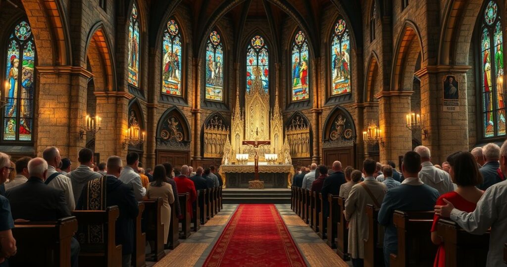 Fotografia realistycznego wnętrza katolickiego kościoła z tradycyjnym wystrojem, ukazująca kapłanów i wiernych w modlitwie podczas liturgii, podkreślająca pobożność i ortodoksję.
