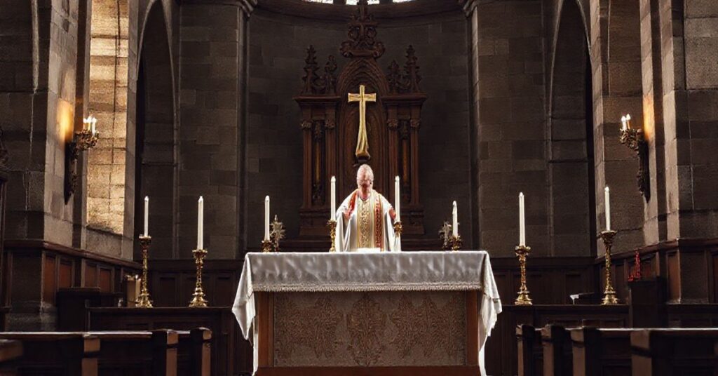Scena liturgiczna w tradycyjnym kościele katolickim, kapłan odprawiający Mszę świętą przy ołtarzu z naciskiem na sakramentalną ważność i powagę sakramentu Eucharystii