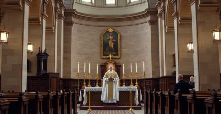 Obraz katolickiego kapłana w tradycyjnej liturgii, wyrażający powagę i religijne uniesienie w klasycznym wnętrzu kościoła