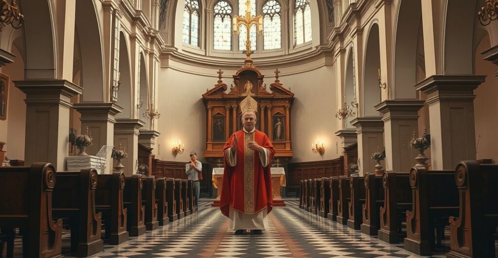 Słowa krytyki wobec modernistycznej kanonizacji w katolickim kościele, ukazujące tradycyjną, pełną czci i powagi scenę liturgii w realistycznym stylu