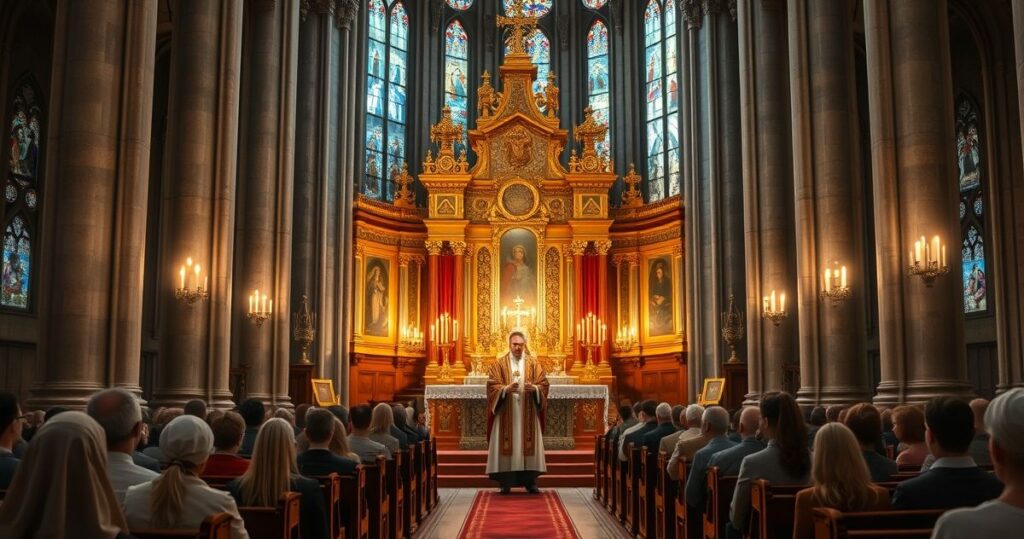 Obraz ukazujący tradycyjną katolicką liturgię w kościele, z aktem adoracji i szacunku wobec sakramentu, symbolizujący prawdziwą wiarę Maryjną i powagę katolickiego kultu