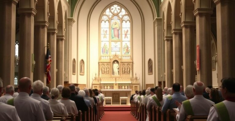 Obraz realistycznej, katolickiej świątyni podczas liturgii, ukazujący pobożny i tradycyjny kult, z duchem krytyki modernistycznych praktyk