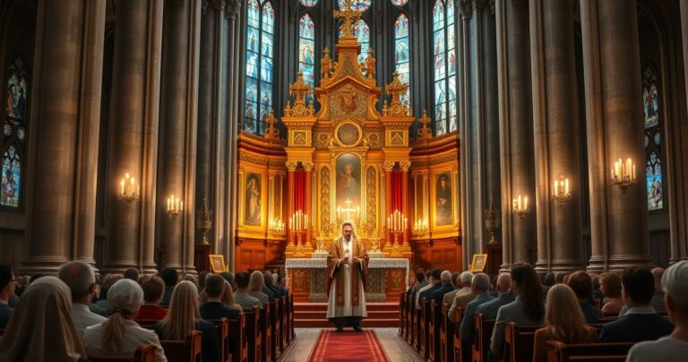 Obraz ukazujący tradycyjną katolicką liturgię w kościele, z aktem adoracji i szacunku wobec sakramentu, symbolizujący prawdziwą wiarę Maryjną i powagę katolickiego kultu
