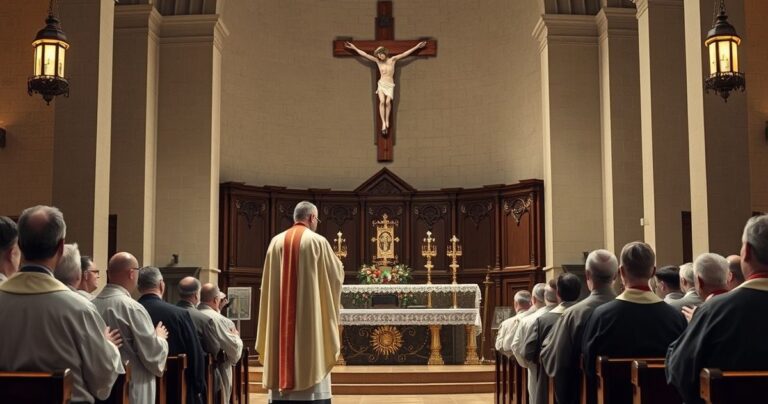 Tradycyjny katolicki obraz przedstawiający kapłana podczas liturgii w kontekście krytyki nowoczesnych tendencji w kanonizacji