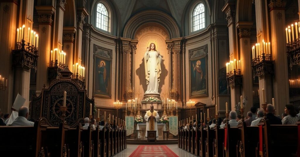 Obraz katolickiego kościoła podczas liturgii z tradycyjnym kapłanem i ołtarzem, ukazujący powagę i autentyczną wiarę, krytykujący nowoczesne odstępstwa