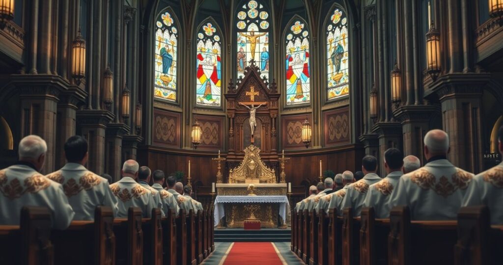 Zdjęcie przedstawiające tradycyjną katolicką liturgię w konserwatywnym kościele, z kapłanem i wiernymi podczas Mszy świętej, ukazujące powagę i duchową głębię katolickiego nabożeństwa.