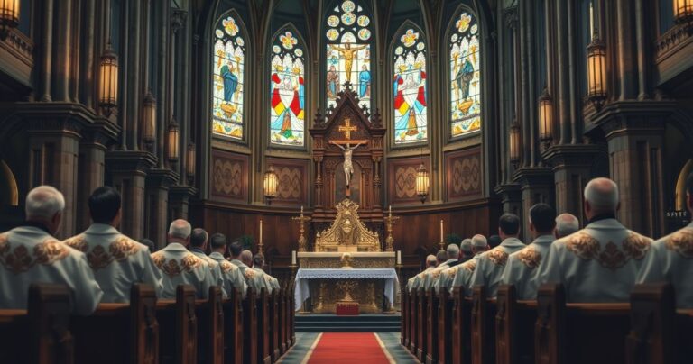 Zdjęcie przedstawiające tradycyjną katolicką liturgię w konserwatywnym kościele, z kapłanem i wiernymi podczas Mszy świętej, ukazujące powagę i duchową głębię katolickiego nabożeństwa.