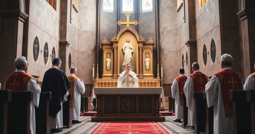 Reprezentacja liturgii katolickiej z tradycyjnym ołtarzem, kapłanami w strojach liturgicznych, podkreślająca szacunek i wierność naukom Kościoła.