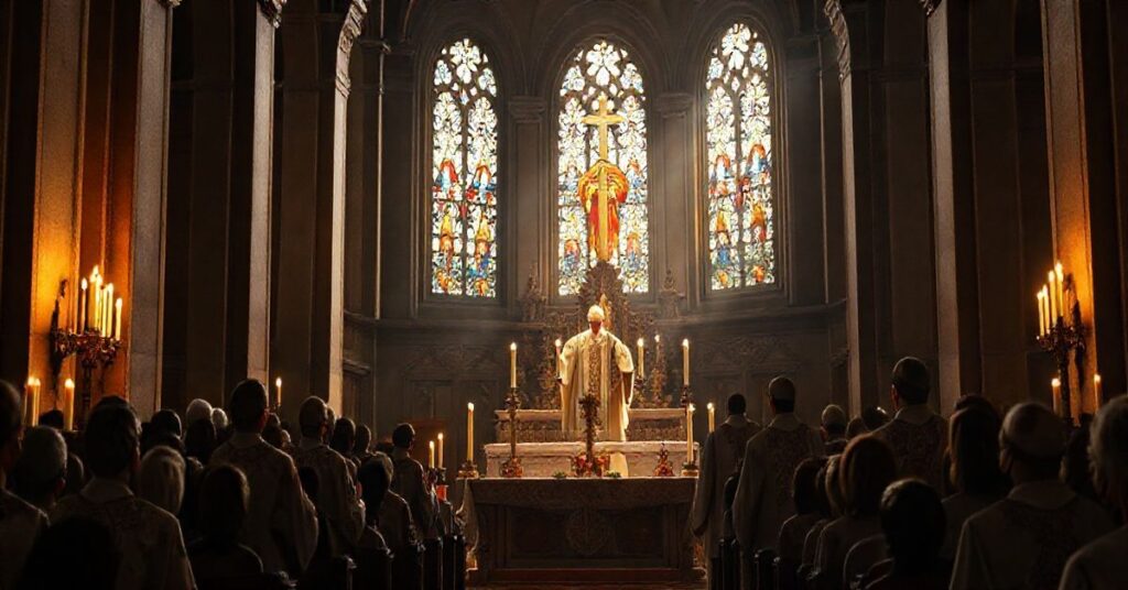 Szczegółowe zdjęcie liturgii katolickiej w tradycyjnym kościele, ukazujące powagę i duchowość, z naciskiem na odwrót od nowoczesnych błędów i powrót do prawdziwej wiary katolickiej.