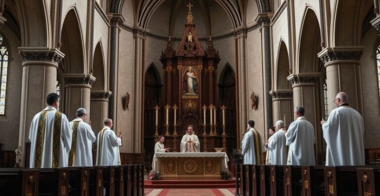 Reprodukcja realistycznego, pełnego szacunku obrazu katolickiej liturgii w tradycyjnym kościele, ukazująca kapłanów w vestamentach przy ołtarzu, podkreślająca autentyczność i powagę sakramentów