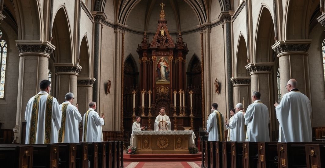 Reprodukcja realistycznego, pełnego szacunku obrazu katolickiej liturgii w tradycyjnym kościele, ukazująca kapłanów w vestamentach przy ołtarzu, podkreślająca autentyczność i powagę sakramentów