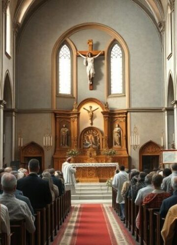 Tradycyjna liturgia katolicka w obronie wiary przeciw modernizmowi Wnętrze tradycyjnego kościoła katolickiego podczas uroczystej liturgii, z wiernymi i kapłanami w strojach liturgicznych, ukazujące głęboki szacunek i wierność naukom Kościoła