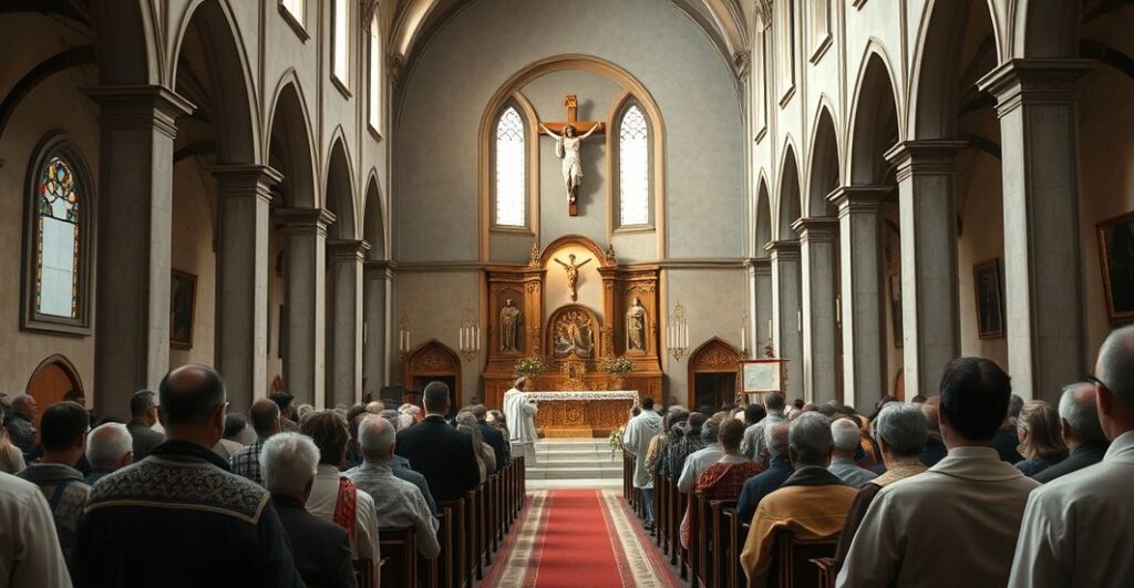 Wnętrze tradycyjnego kościoła katolickiego podczas uroczystej liturgii, z wiernymi i kapłanami w strojach liturgicznych, ukazujące głęboki szacunek i wierność naukom Kościoła