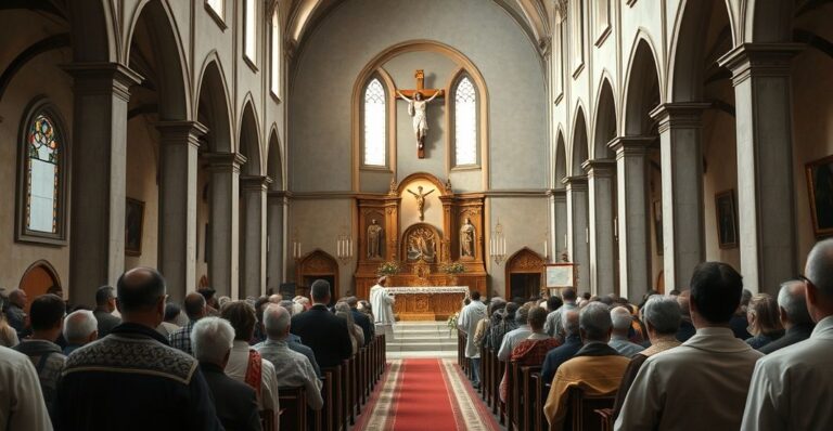 Wnętrze tradycyjnego kościoła katolickiego podczas uroczystej liturgii, z wiernymi i kapłanami w strojach liturgicznych, ukazujące głęboki szacunek i wierność naukom Kościoła
