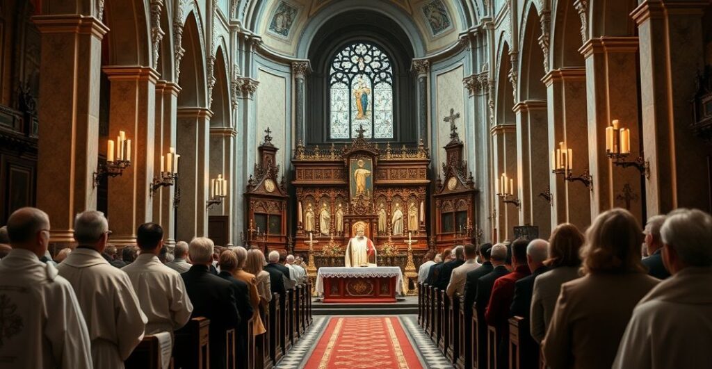 Zdjęcie realistyczne ukazujące tradycyjną katolicką liturgię w kościele, krytyczne wobec nowoczesnych zmian i modernistycznej hierarchii, z duchownymi w historycznych szatach i poważną atmosferą