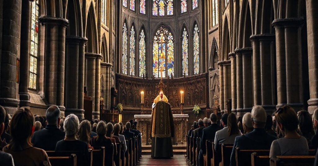 Realistyczne zdjęcie katolickiego kościoła z kapłanem podczas liturgii, oddające szacunek i powagę prawdziwej Mszy św., zgodnie z tradycją sedevacantistyczną