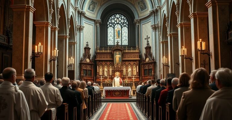 Zdjęcie realistyczne ukazujące tradycyjną katolicką liturgię w kościele, krytyczne wobec nowoczesnych zmian i modernistycznej hierarchii, z duchownymi w historycznych szatach i poważną atmosferą