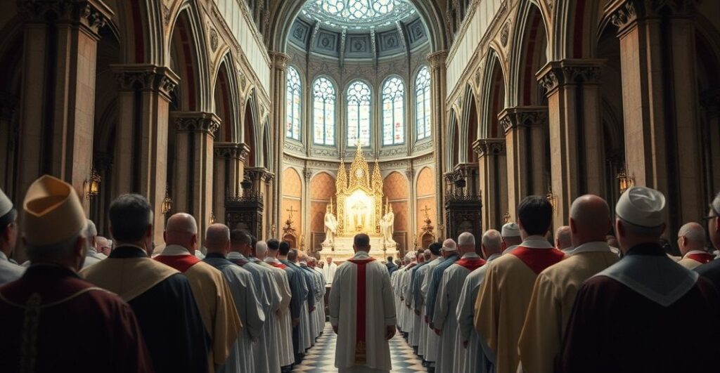 Uczestnicy tradycyjnej katolickiej liturgii w katedrze, wierni i duchowni w liturgicznych szatach, oddający cześć prawdziwej wierze katolickiej w tradycyjnej atmosferze