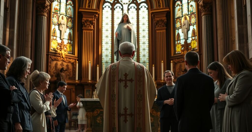 Klasztor katolicki, kapłan w tradycyjnych szatach przy ołtarzu, wierni modlą się podczas uroczystości Wniebowzięcia Matki Bożej, wierna tradycji kościoła katolickiego