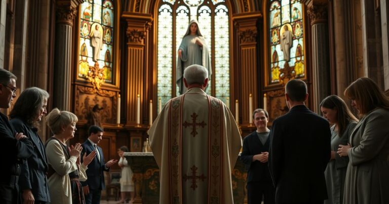 Klasztor katolicki, kapłan w tradycyjnych szatach przy ołtarzu, wierni modlą się podczas uroczystości Wniebowzięcia Matki Bożej, wierna tradycji kościoła katolickiego