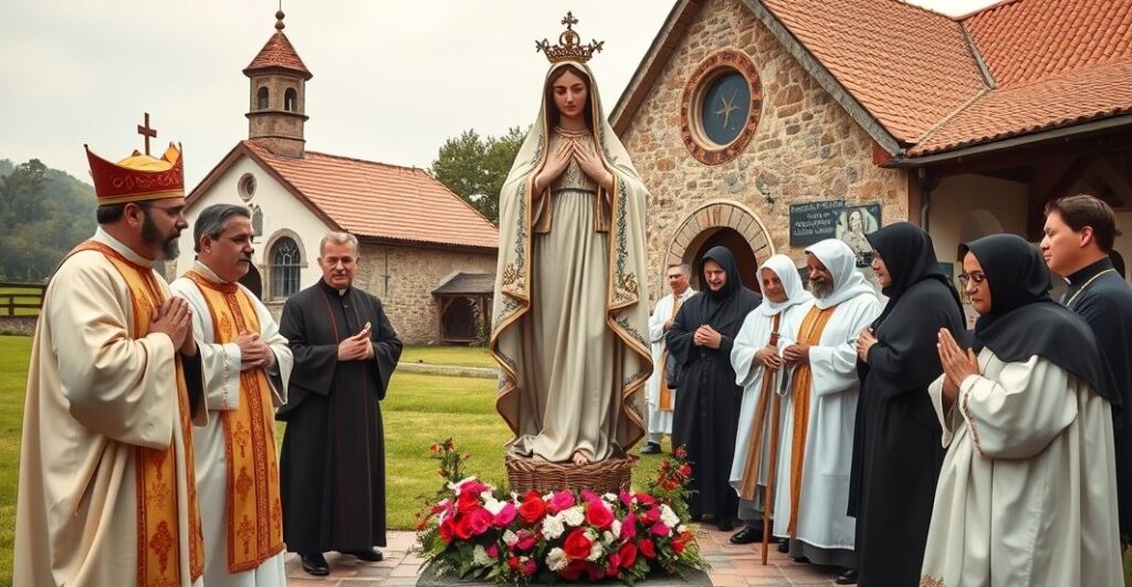 Reprodukcja tradycyjnego katolickiego obrazu Maryi w kaplicy, wierni w modlitwie, duchowieństwo w starych szatach, symbol autentycznej pobożności przed reformami soborowymi.