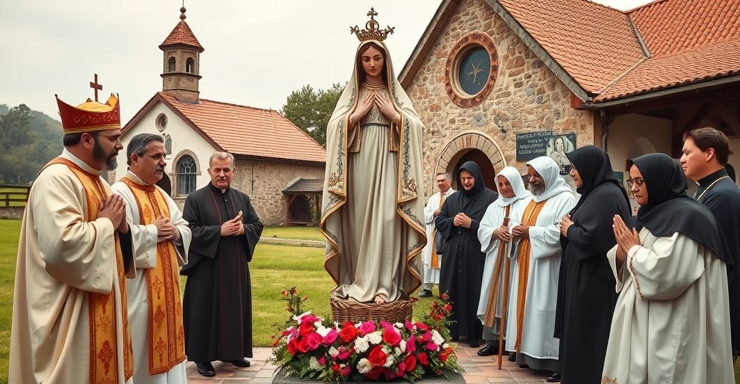 Katolicka scena maryjna z tradycyjnym szacunkiem i wiernym kultem Reprodukcja tradycyjnego katolickiego obrazu Maryi w kaplicy, wierni w modlitwie, duchowieństwo w starych szatach, symbol autentycznej pobożności przed reformami soborowymi.