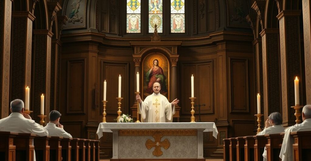 Scena liturgiczna katolicka z kapłanem odprawiającym tradycyjną Mszę świętą w sanktuarium, pełna powagi i duchowego skupienia