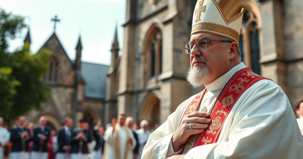 Prawdziwy katolicki ksiądz odprawiający Mszę w tradycyjnym kościele, symboliczna scena liturgiczna pełna powagi i wiary