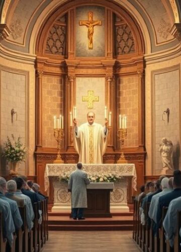 Rewersja tradycyjnej Mszy katolickiej w kościele Rewerscyjna scena liturgii katolickiej w tradycyjnym kościele, ukazująca kapłana w czasie Mszy Świętej, symbolizująca odrzucenie modernistycznych zmian i powrót do prawdziwej wiary katolickiej