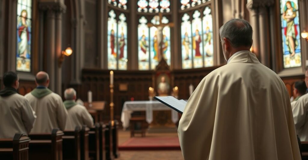 Rewerscyjna scena liturgii katolickiej w tradycyjnym kościele, ukazująca kapłana w czasie Mszy Świętej, symbolizująca odrzucenie modernistycznych zmian i powrót do prawdziwej wiary katolickiej