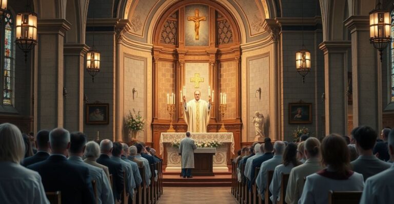 Obraz wiernego katolickiego kapłana odprawiającego tradycyjną Mszę Świętą w starej liturgii, z poważną wspólnotą wiernych, podkreślający szacunek i głęboką pobożność.
