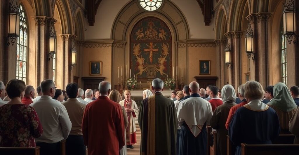 Zdjęcie realistycznej sceny religijnej w kościele, z wiernymi i duchownymi podczas prawdziwej Mszy świętej, oddające powagę i duchowość katolickiego obrzędu