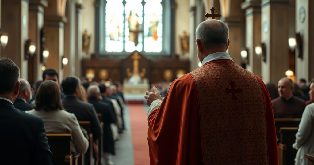 Ksiądz w tradycyjnych szatach odprawiający Mszę trydencką w kościele, wierni uczestniczący z powagą, wyraz głębokiej wiary i tradycji katolickiej