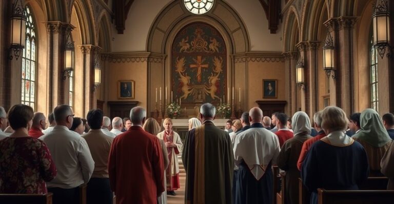 Zdjęcie realistycznej sceny religijnej w kościele, z wiernymi i duchownymi podczas prawdziwej Mszy świętej, oddające powagę i duchowość katolickiego obrzędu