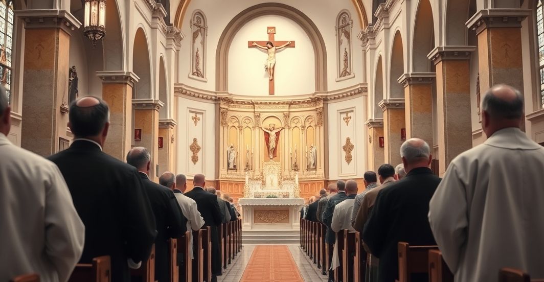 Fotografia tradycyjnej Mszy katolickiej w duchu katolickim Realistyczne zdjęcie wnętrza tradycyjnego katolickiego kościoła podczas Mszy trydenckiej, pełne szacunku i sakralnej atmosfery, ukazujące wiernych i duchowieństwo w modlitwie.