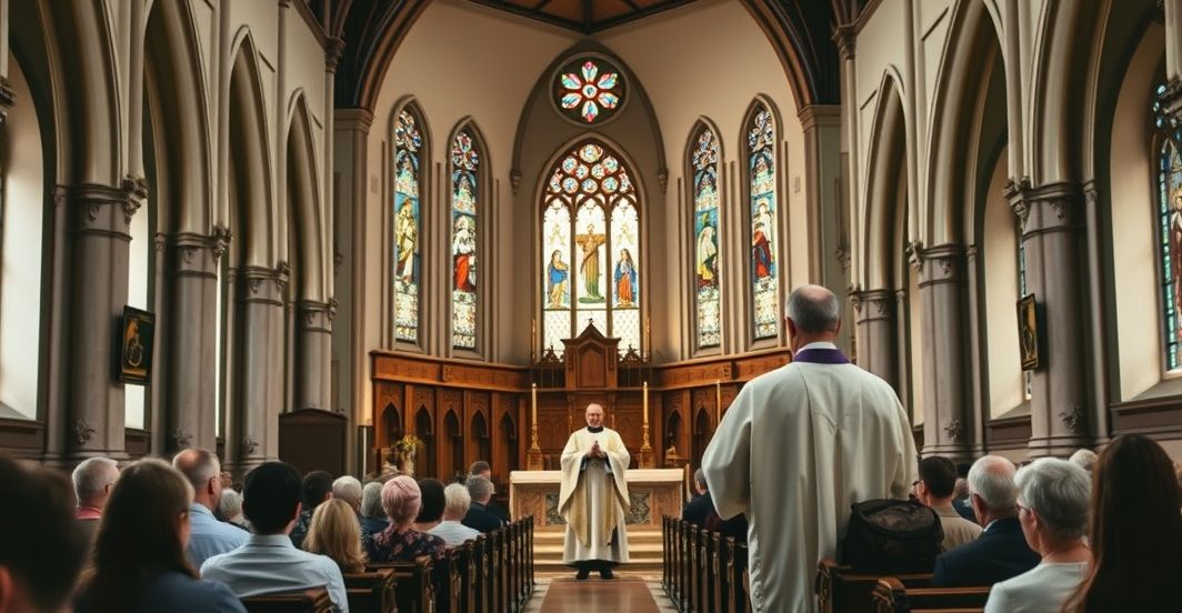 Kościół katolicki w tradycyjnej aranżacji, kapłan celebrujący Mszę w duchu katolickiej nauki przed reformami po Vaticanum II, ukazujący pobożność i autentyczną liturgię