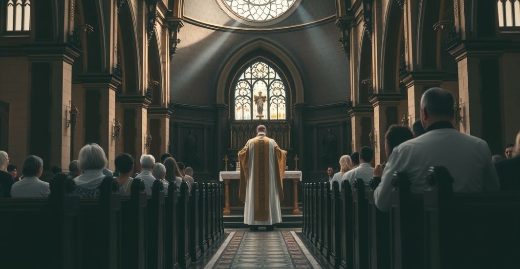 Sanktuarium katolickie z kapłanem odprawiającym tradycyjną Mszę, symbol odwiecznej wiary i sprzeciw wobec ekumenizmu
