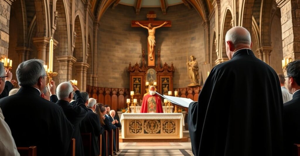 Realistyczne zdjęcie katolickiego kapłana odprawiającego tradycyjną Mszę w starożytnej świątyni, odzwierciedlające katolicką wierność i powagę liturgii.