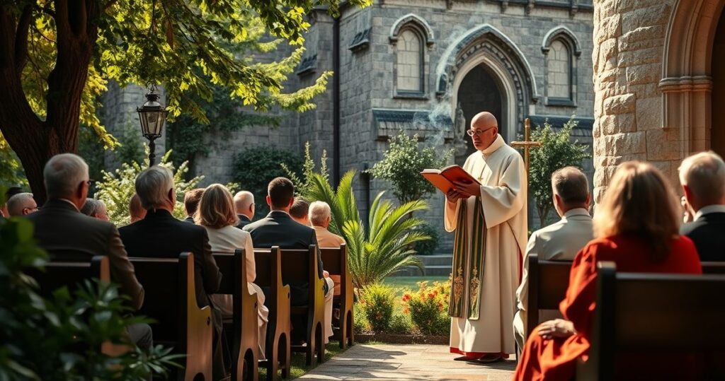 Realistyczne katolickie zdjęcie z poważnym kapłanem podczas mszy, odzwierciedlające tradycyjną wiarę i krytykę modernistycznych nadużyć w naukach Kościoła