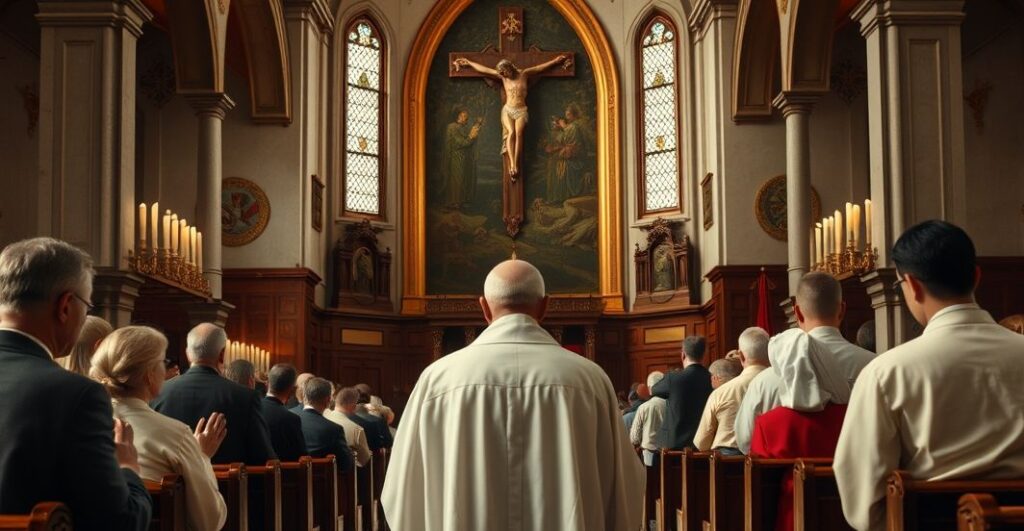 Uczestnicy tradycyjnej katolickiej Mszy w kościele, modlący się w skupieniu, symbolizujący wierność naukom Kościoła przeciw ekumenizmowi i herezjom