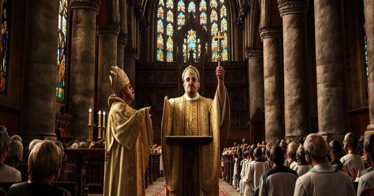 Realistyczny obraz katolickiego biskupa celebrującego Mszę Świętą w tradycyjnym kościele, z powagą i czcią dla sakramentu Eucharystii